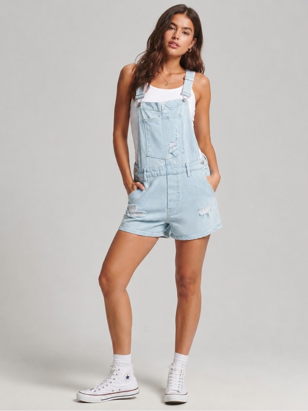SUPERDRY Vintage Distressed Denim Shortalls Light Blue US 12 NWOT